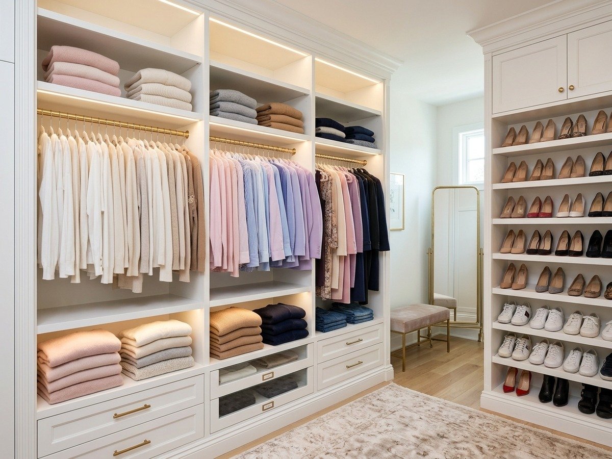 Closet walk-in planejado com nichos e sapatos organizados