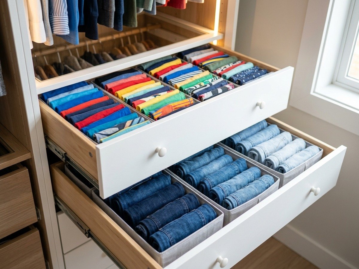 Gavetas de closet organizadas com método de dobras verticais e colmeias